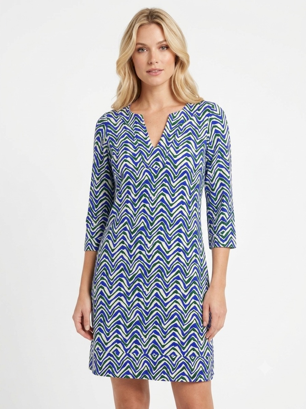 Jude Connally Megan Chevron Split V-Neck Shift Dress Blue Green XS